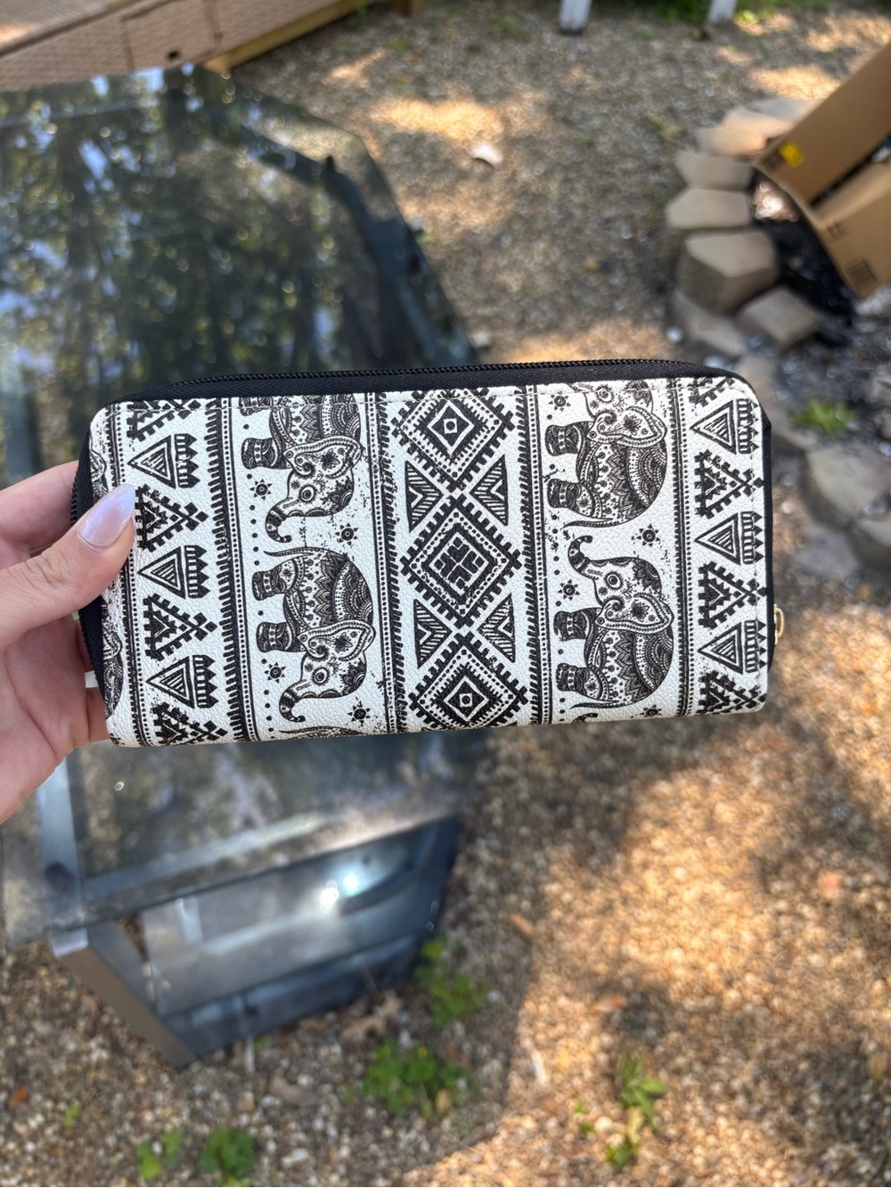 Ivory and Black Elephant Boho Zip Wallet